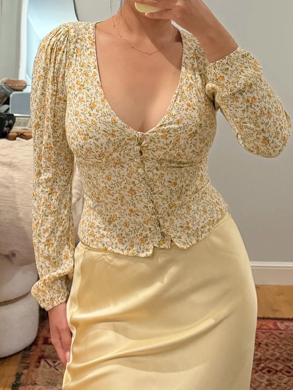 Reformation Yellow Floral Puff-Sleeve V-Neck Blouse